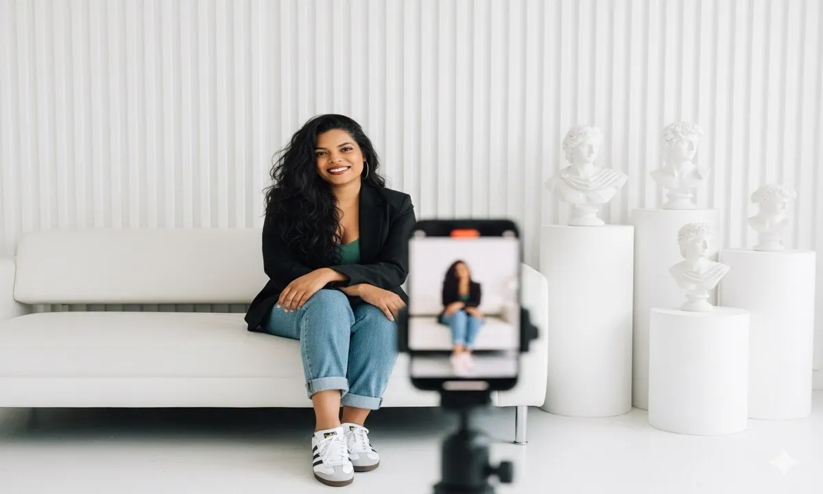 AdeptlyCo main feature image featuring the founder, Andrea seated on a white couch while being recorded on a mobile phone on a tripod for a potential interview for illustration purposes of her recrutiment business.